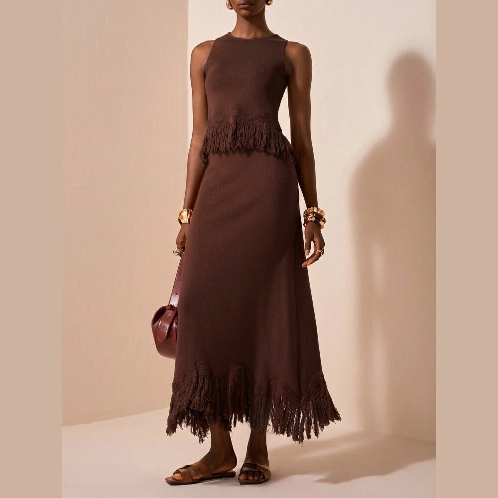 Brown Ribbed Knit Fringe Trim Sleeveless Tank Top and Hem Maxi Skirt Set
